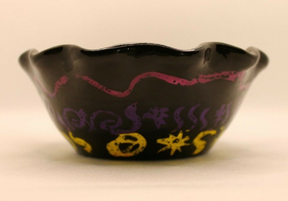 Studio Art Pottery Scratch Art Theme Black & Rainbow Scalloped Bowl Signed 5.5"
