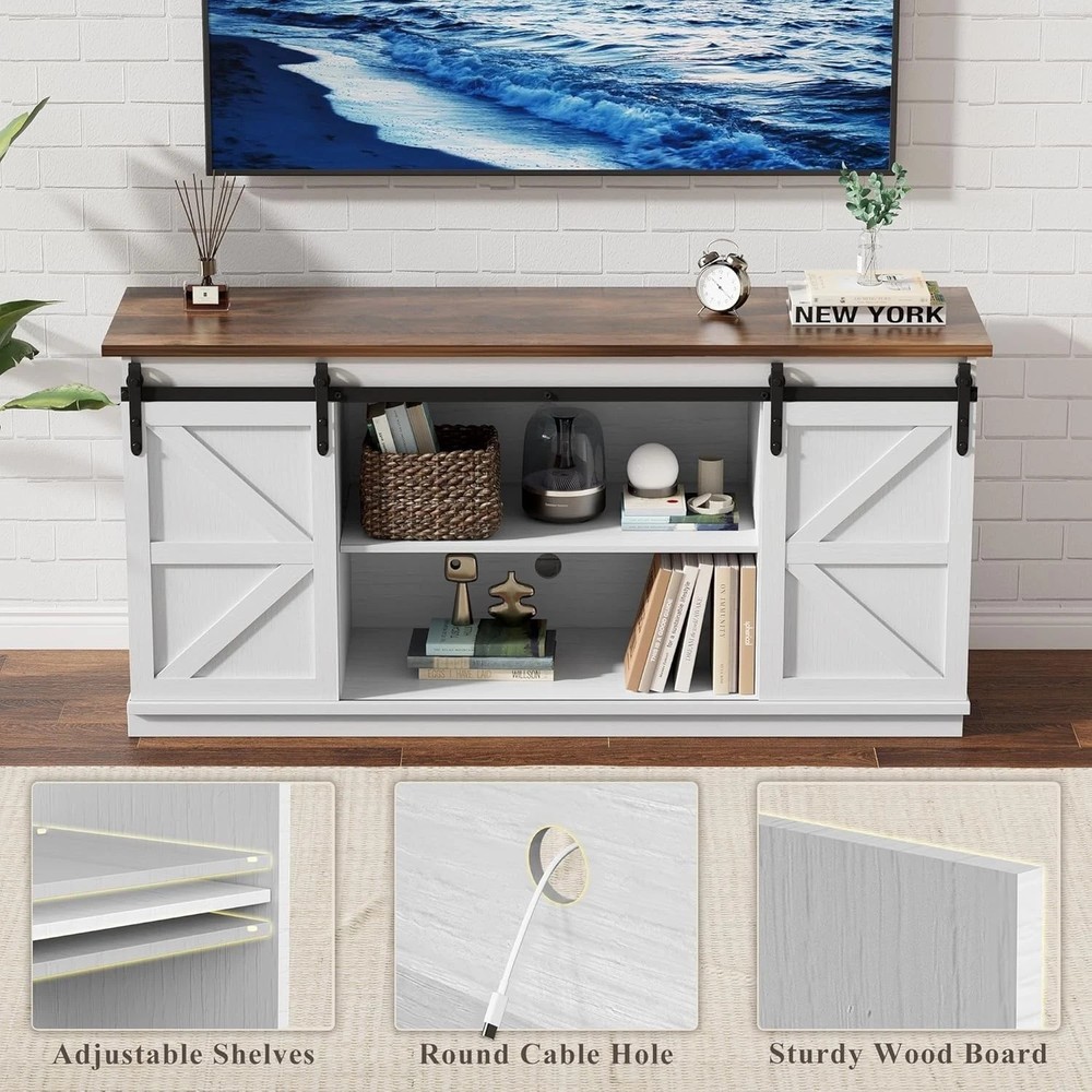 Large White TV Stand, Sliding Barn Doors, Console Table, 58"