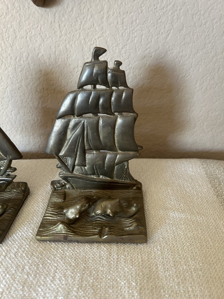 Vintage Solid Brass Clipper Ship Boat w/Dolphin's Bookends Sailing Nautical 6"