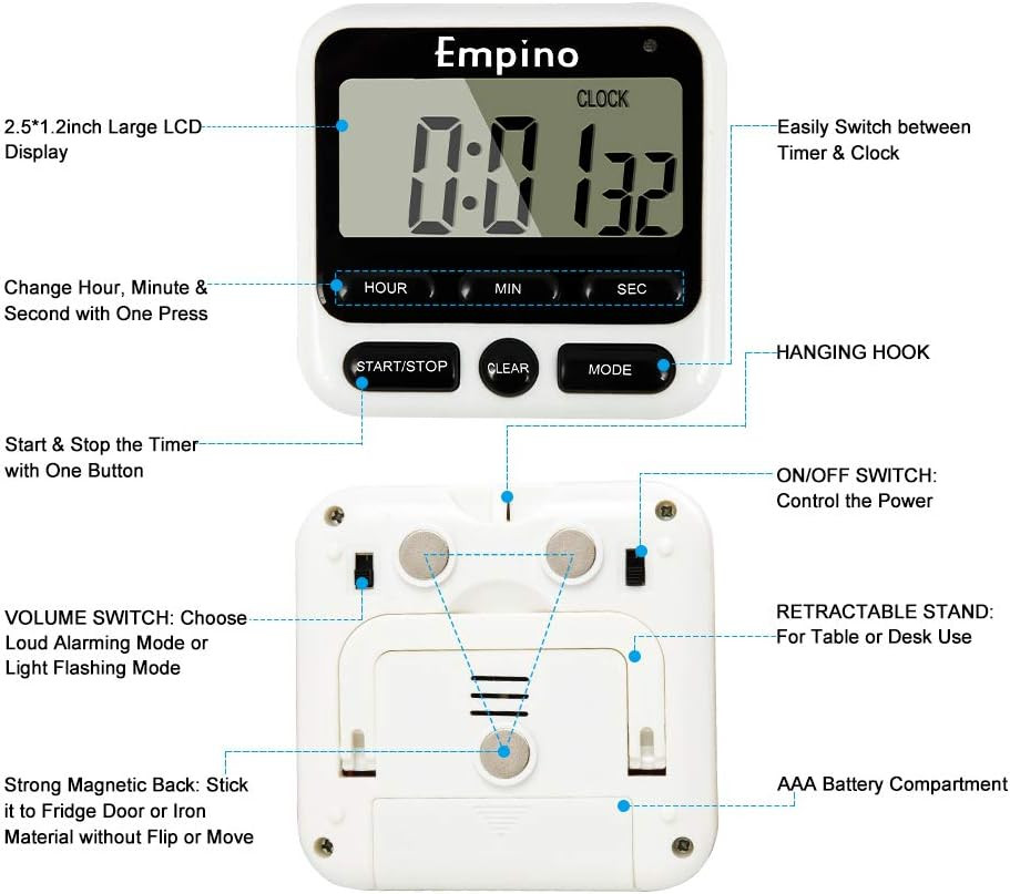Digital Kitchen Timer, Cooking Timer, 12-Hour Display Clock, Large Display, Stro