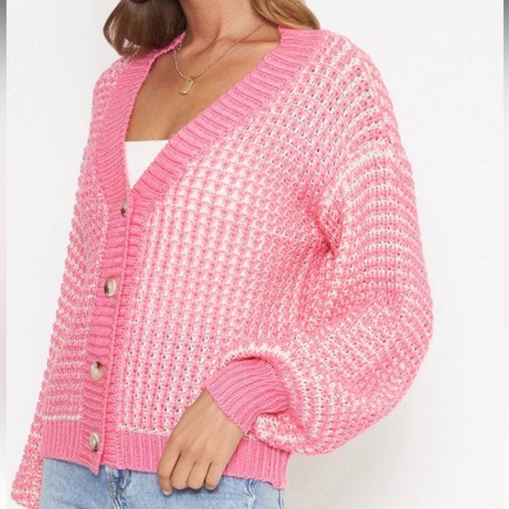 Pink Waffle Knit V-neck Button Up Sweater