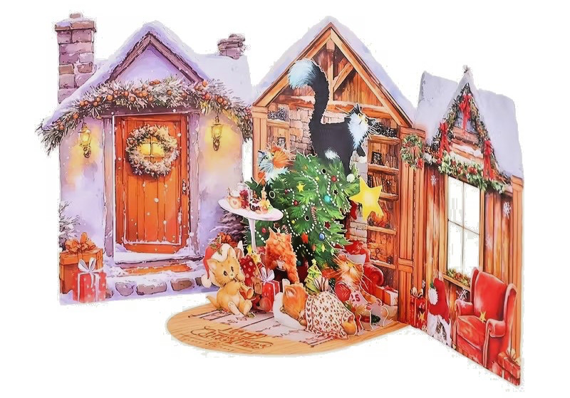3D POP OPEN 3 PANEL CAT CHRISTMAS CARD WITH ENVELOPE