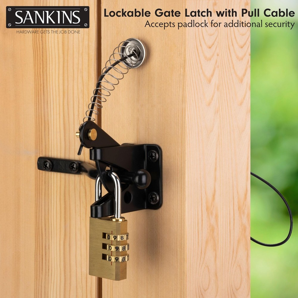 2 Pcs Self-Locking Gate Latch with Spring Cable Pull for Wooden Fence Gate He...