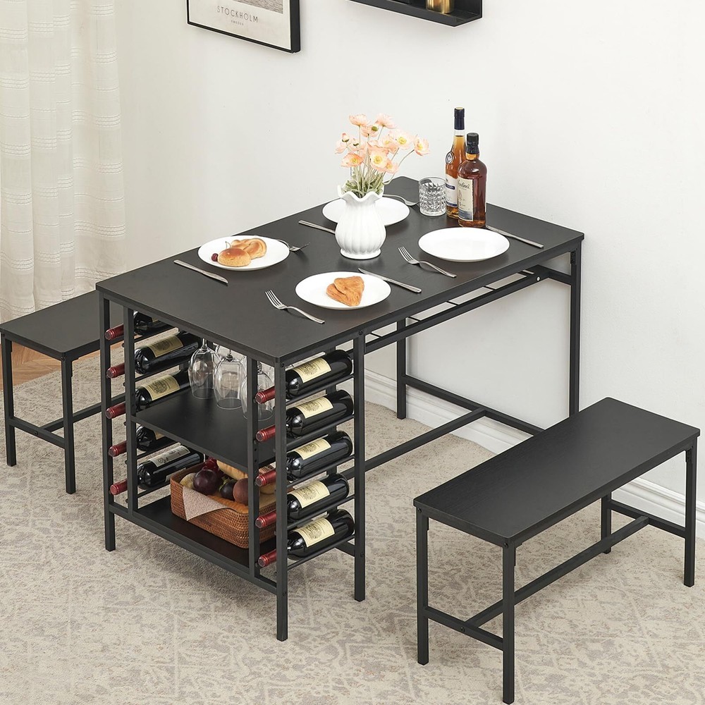 Dining Table Set for 4 Kitchen Rectangular Table & 2 Benches, Wine Rack Dinette