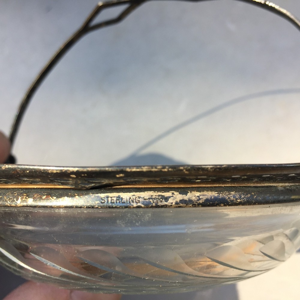 Webster Antique Sterling Silver Cut Glass Basket Candy Dish Folding Handle 5"