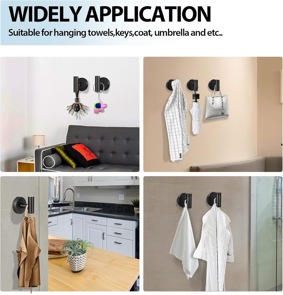 2 Pack Towel Hooks Bathroom Kitchen Wall Mount Black Matte Robe Coat Hook Holder