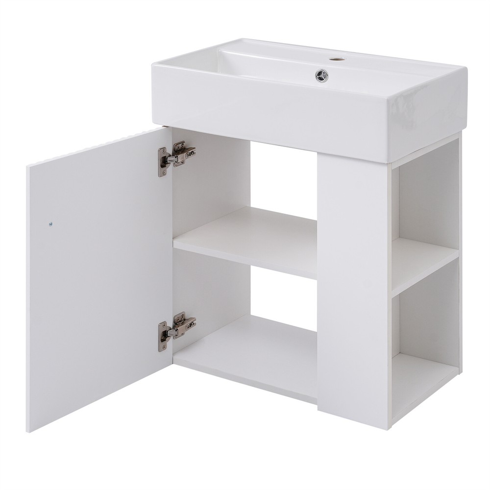 Modern Floating Bathroom Vanity Cabinet with Ceramic Basin and Side Storage
