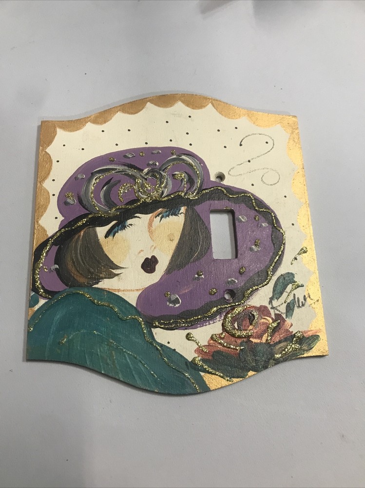 Vintage Handpainted Wood VICTORIAN LADY Single Light Switch Plate Cover RUBY