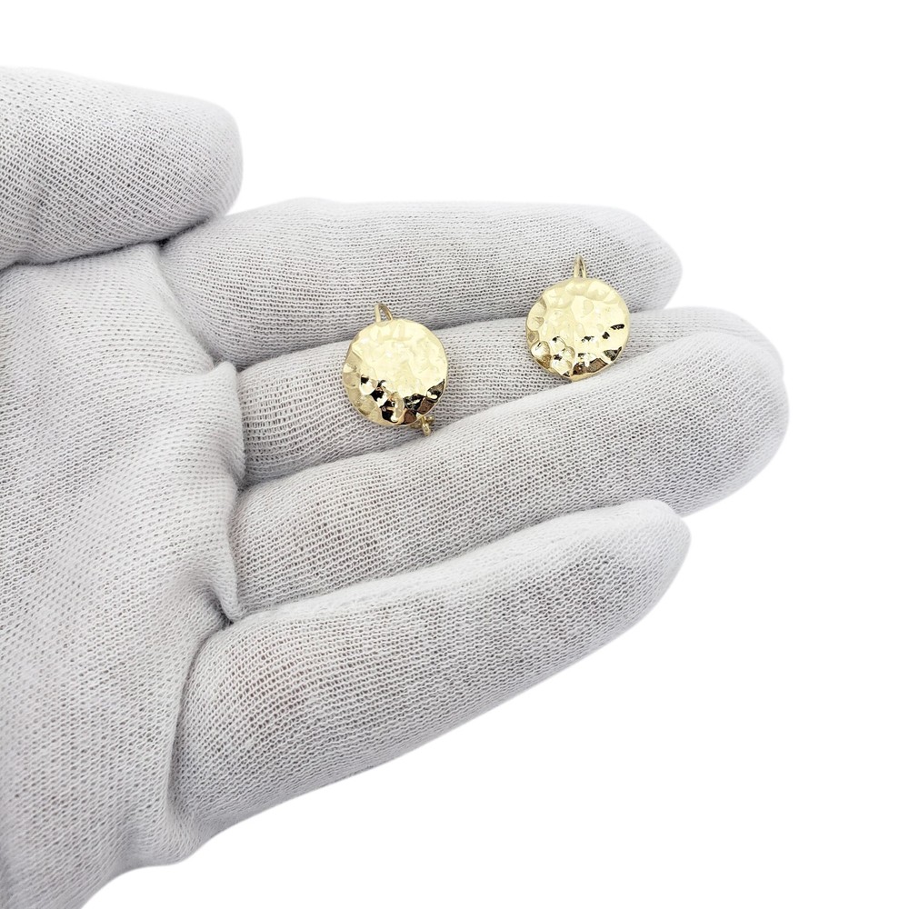 Solid 14K Yellow Gold Drop Dangle Hammered Circle Disc Earrings 14mm