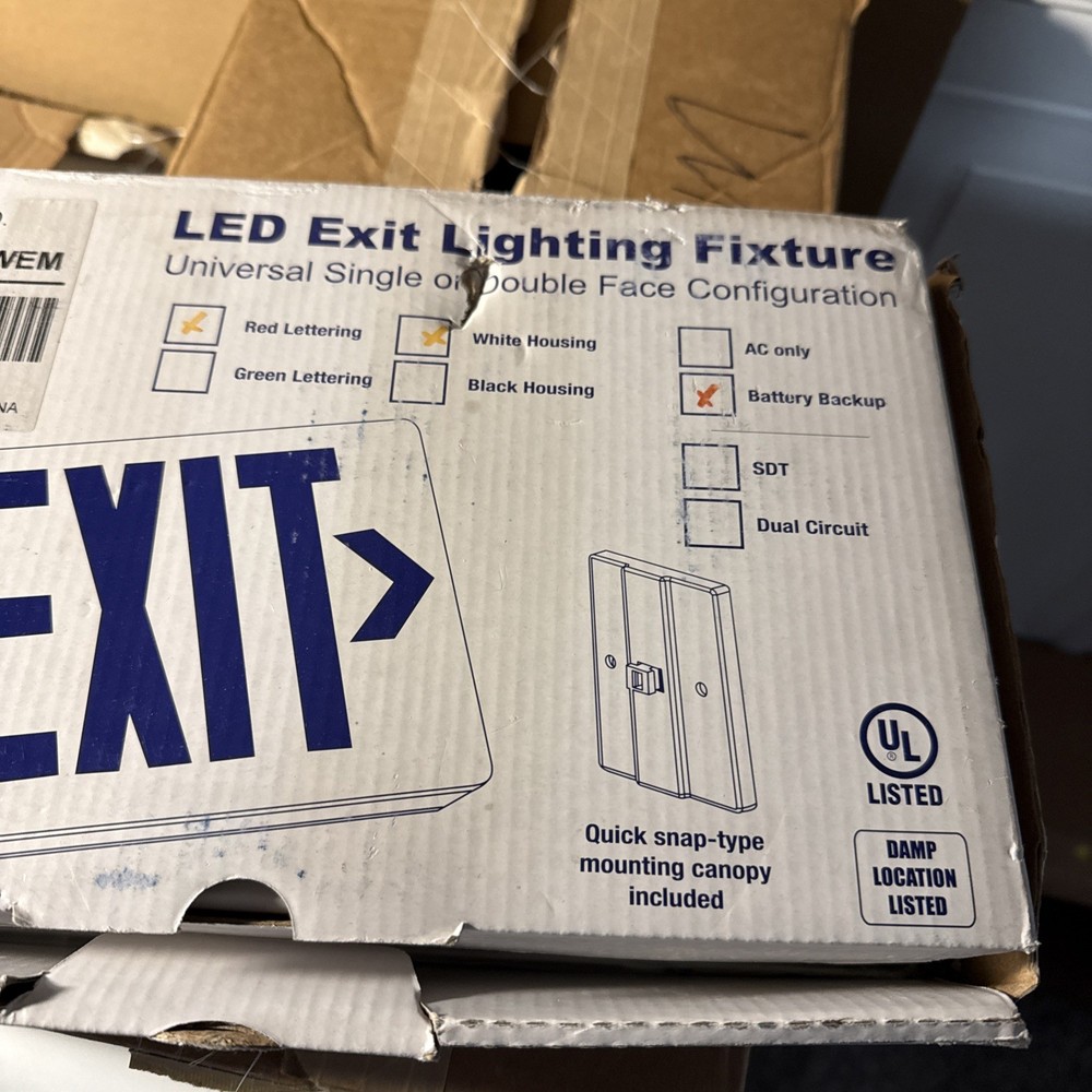 Red Light White Housing Battery Back Up Exit Sign.