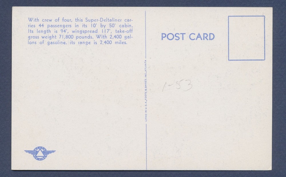 Delta Super- Deltaliner DC-4 - unmailed postcard, c, 1950