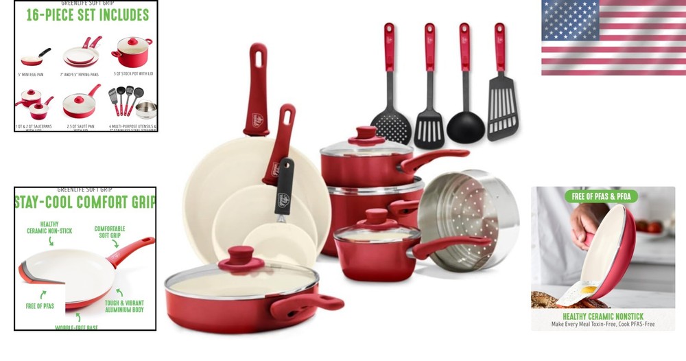 16-Piece Nonstick Ceramic Cookware Set, Red