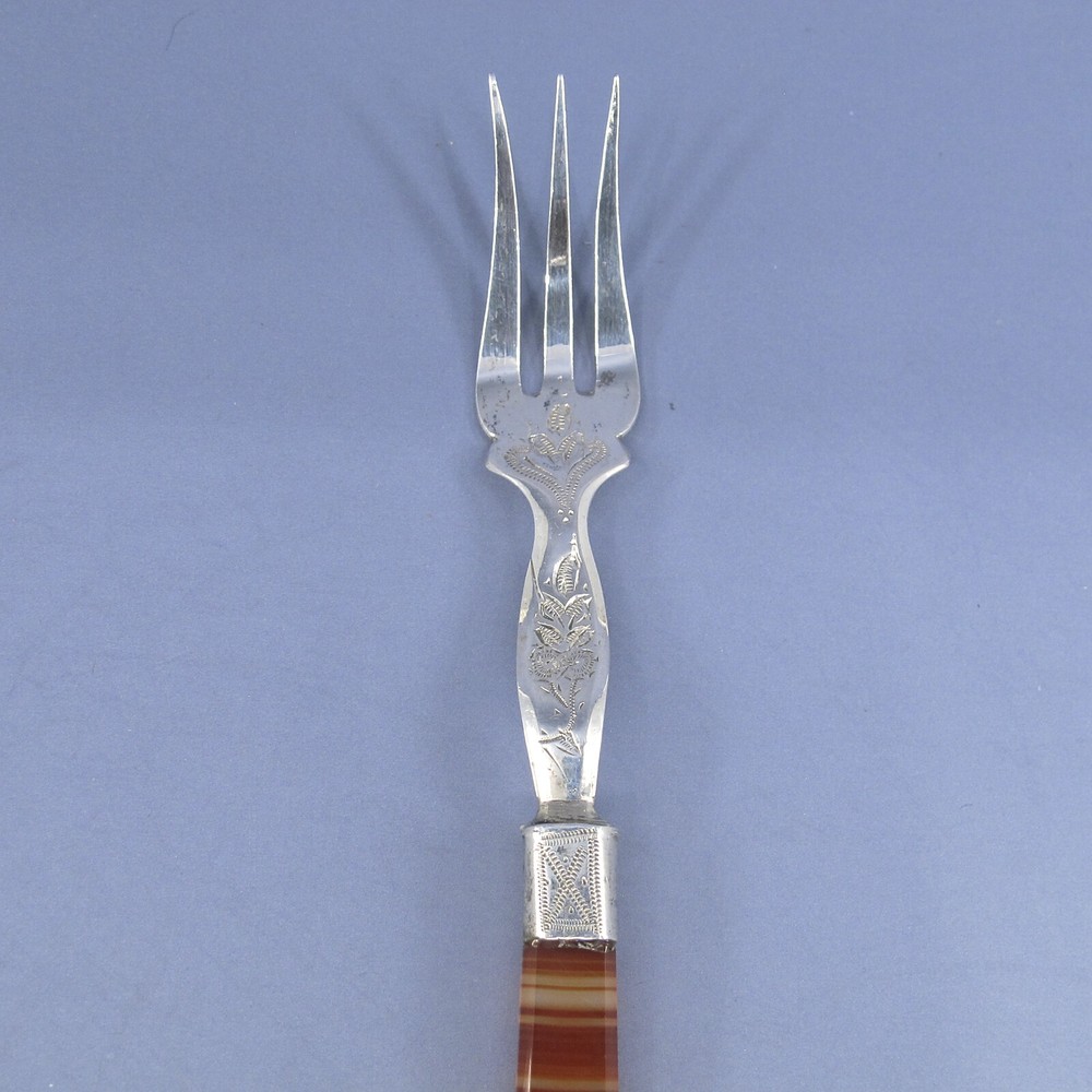 Dutch .835 Silver 3-Piece Agate Handled Serving Set 2 Forks & Server No Monogram