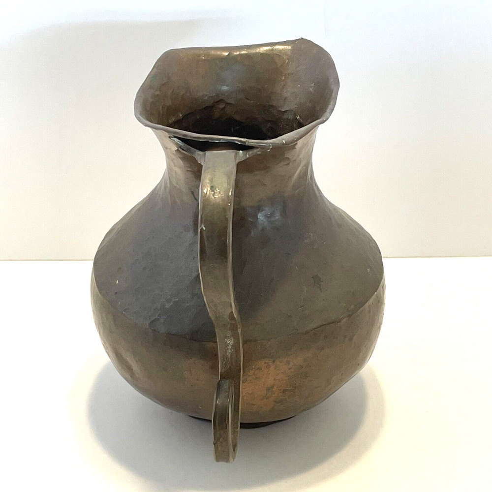 Antique Hammered Copper Pitcher Scrolled Riveted Handle Primitive Jug Dents 6"