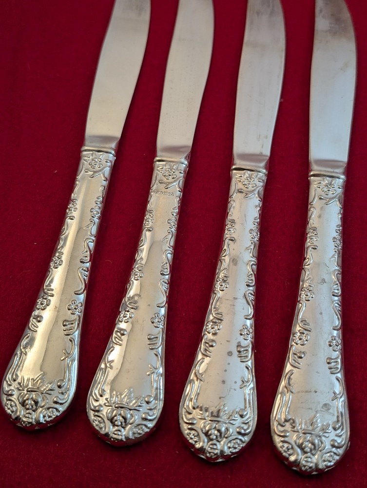 Set Of 6 Enchanted Rose Unmarked SilverPlate Solid Dinner Knives Flatware