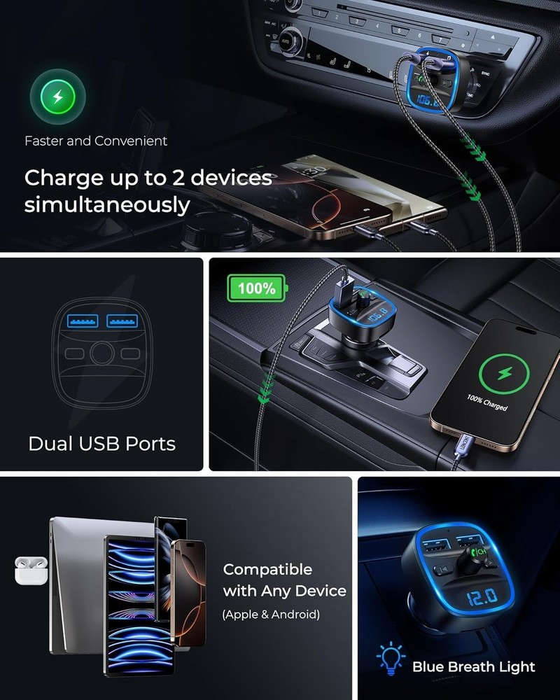 Advanced Bluetooth FM Transmitter - USB Charger, Voice Command & Voltage Monitor