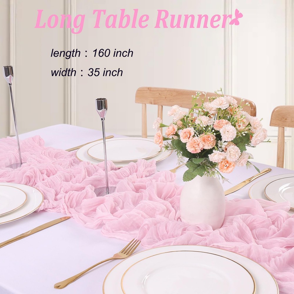 Gauze Table Runner, 13.3ft Cheesecloth, Pink, Boho Wedding Dining Decor