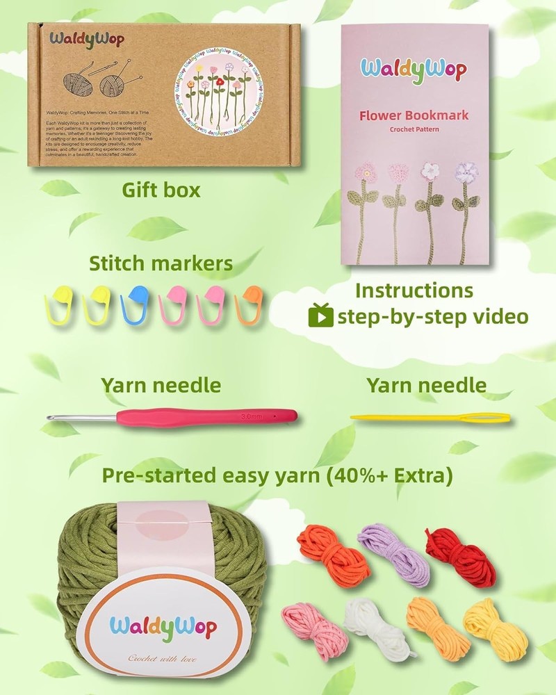 Beginner Crochet Kit: 8 Colorful Flower Bookmarks with Easy Video Tutorials