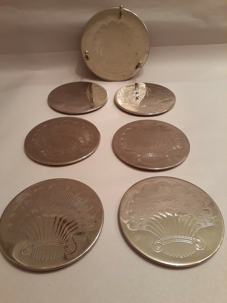 International Silver Coaster Set, 7 Pieces With shell /wheat etched Design