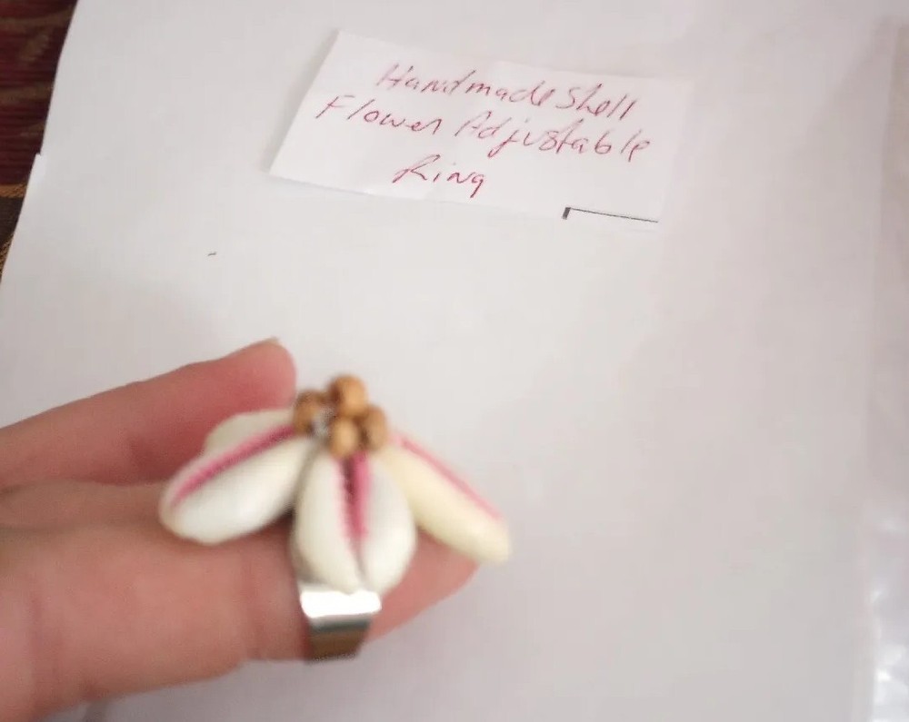 Hand Made Shell Flower White ,Pink, Brown Silver Tone Adjustable Ring