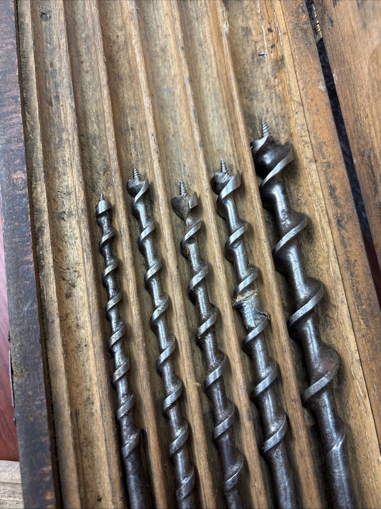 Antique Irwin Auger Drill Bit Wood Box w/ 8 auger bits