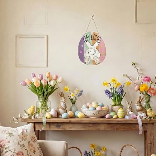 Smile Wooden Easter Egg Shaped Welcome Sign - Bunny Welcome Design, Easter Eggs
