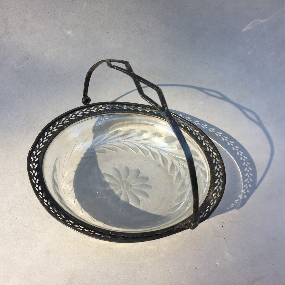 Webster Antique Sterling Silver Cut Glass Basket Candy Dish Folding Handle 5"