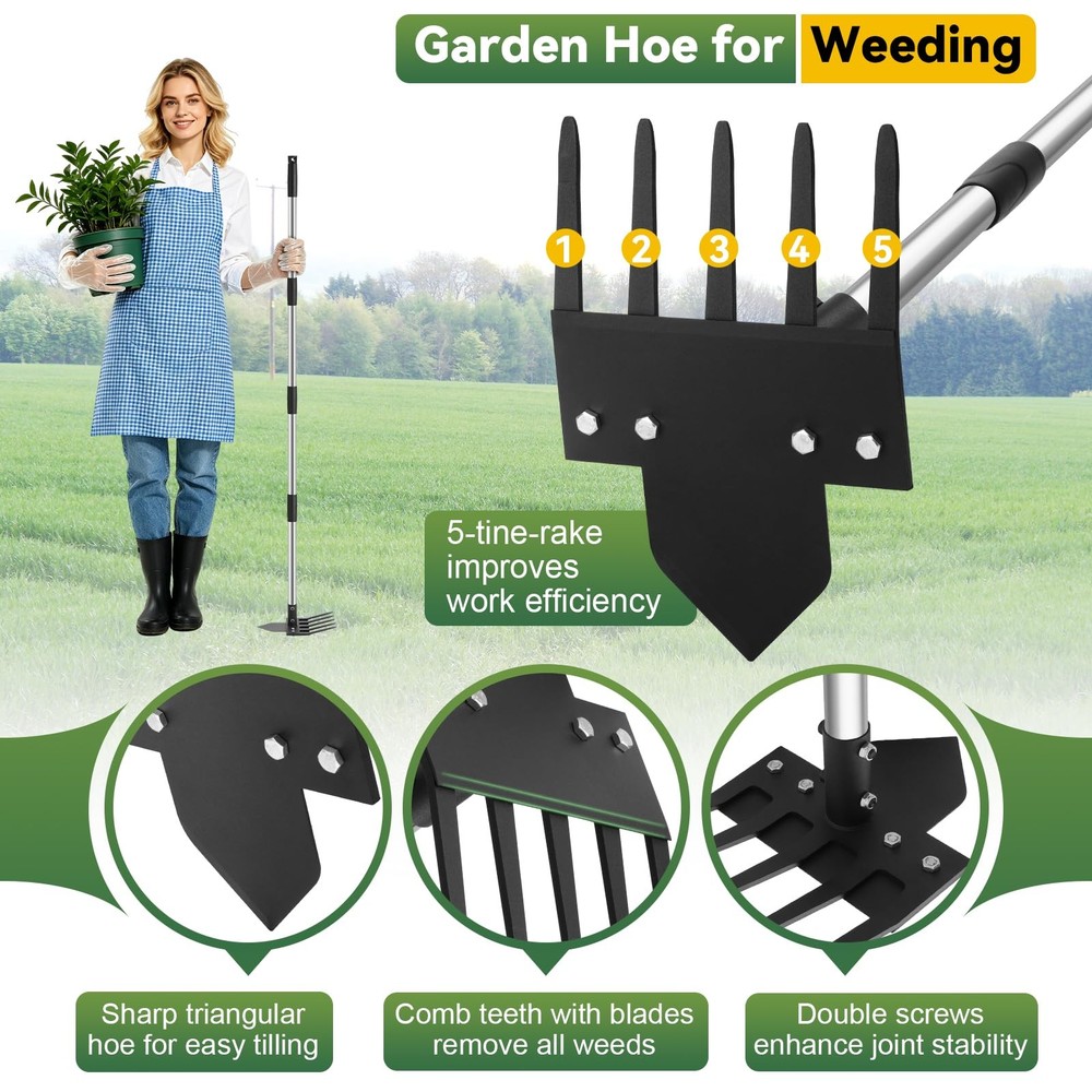 2-in-1 Hoe Garden Tools, 17-58" Weed Puller Tool with Long Handle, Heavy Duty...