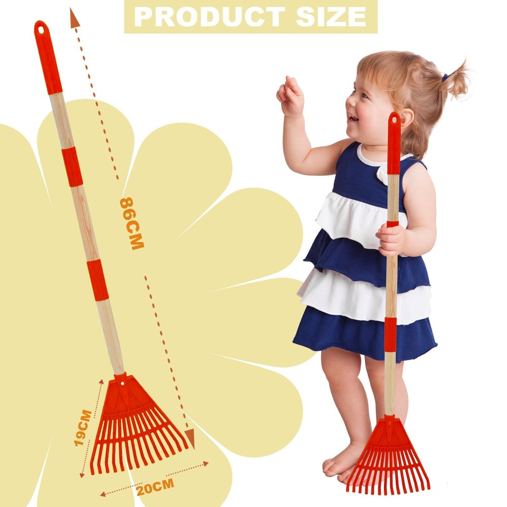 Kids Leaf Rake - 3-Section Adjustable Handle, Lightweight, Wood & Plastic, Sm...