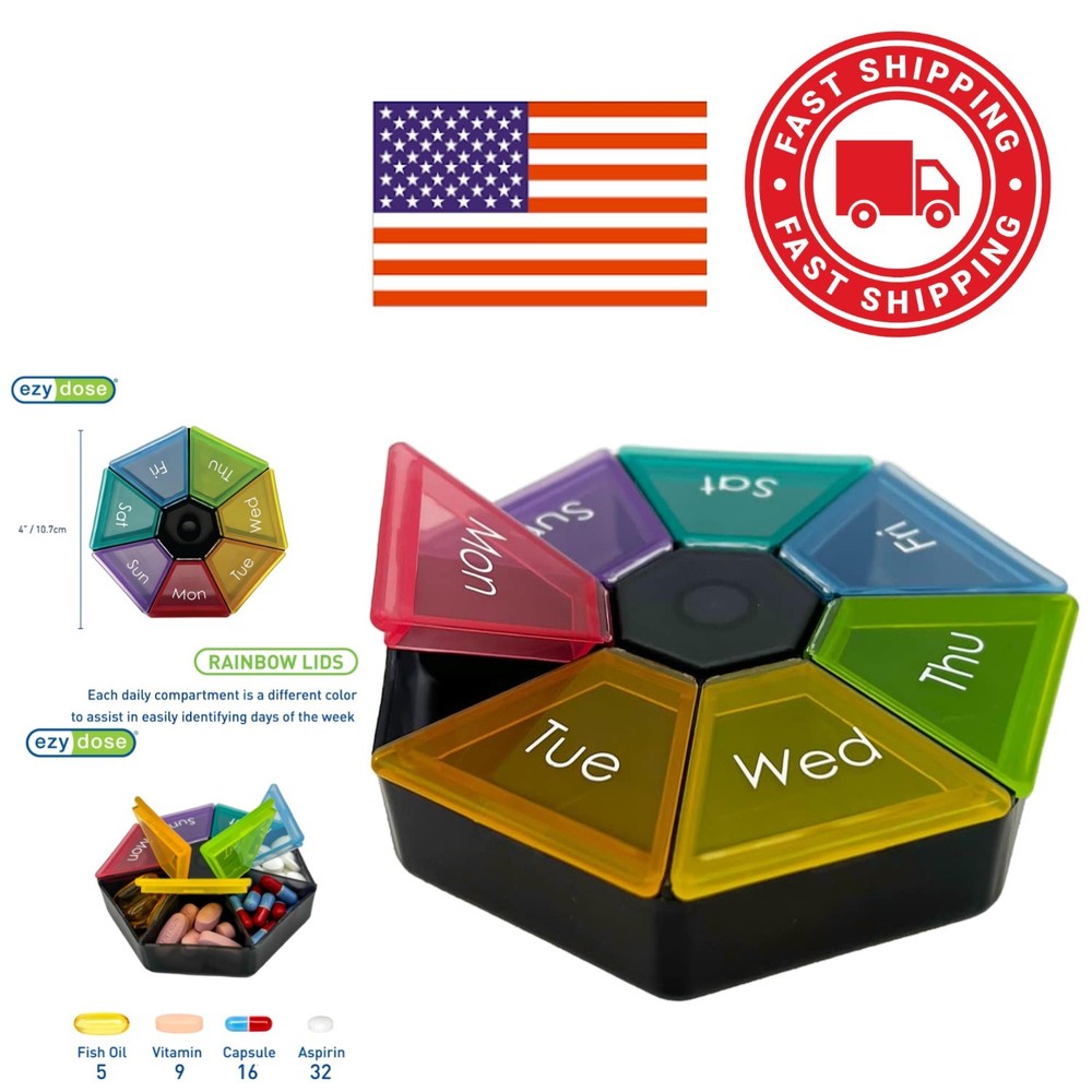 Rainbow Pill Organizer 7 Compartment Travel Planner Easy Open Hexagonal Design