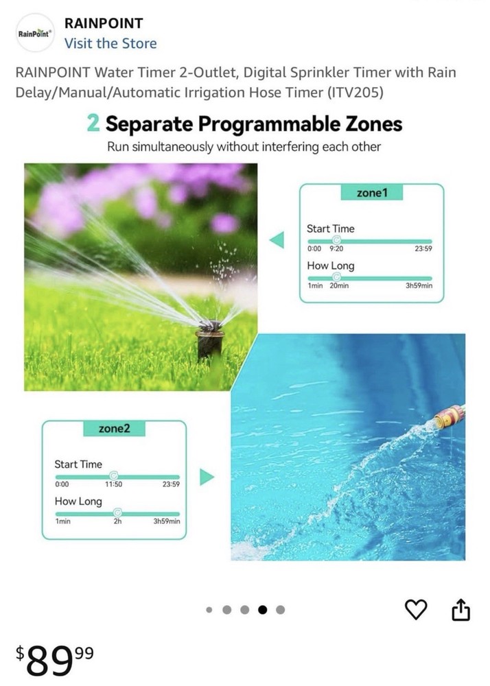 New RainPoint Programmable 2 Zone Water Timer - Model Number ITV205