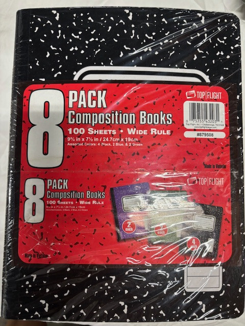 Top Flight Composition Books 8 pack Wide Rule 100 Sheets, MULTIPLE COLORS NEW-1