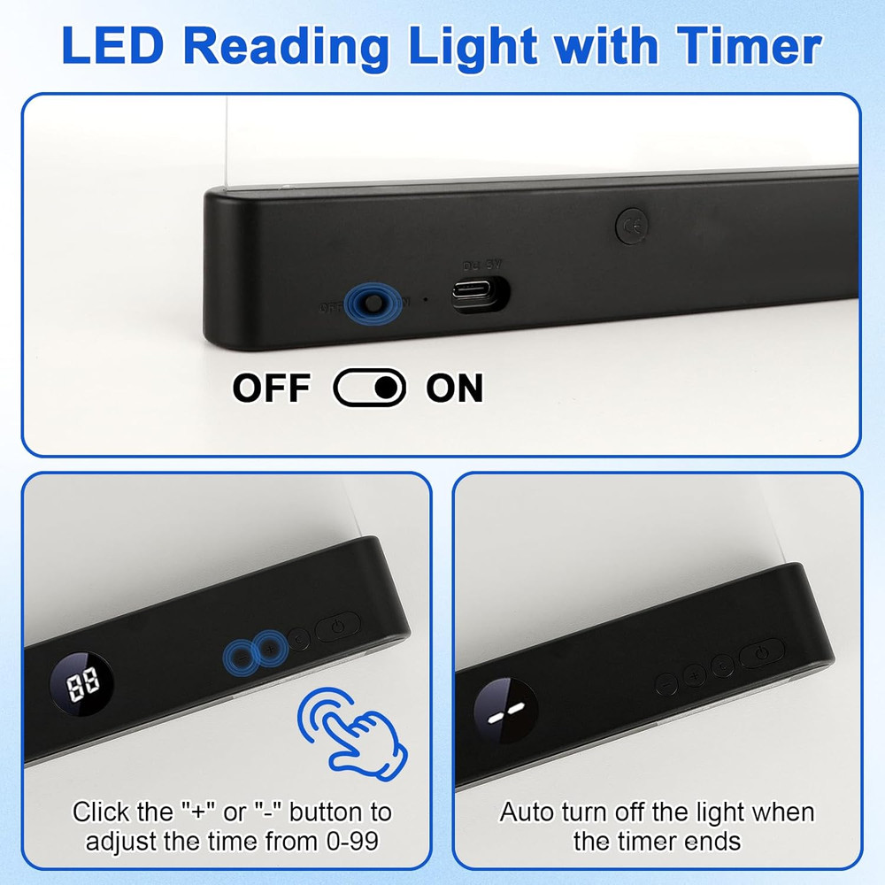 Smart Flat Book Light, Rechargeable Clear LED Reading Light with 3 Colors & Time
