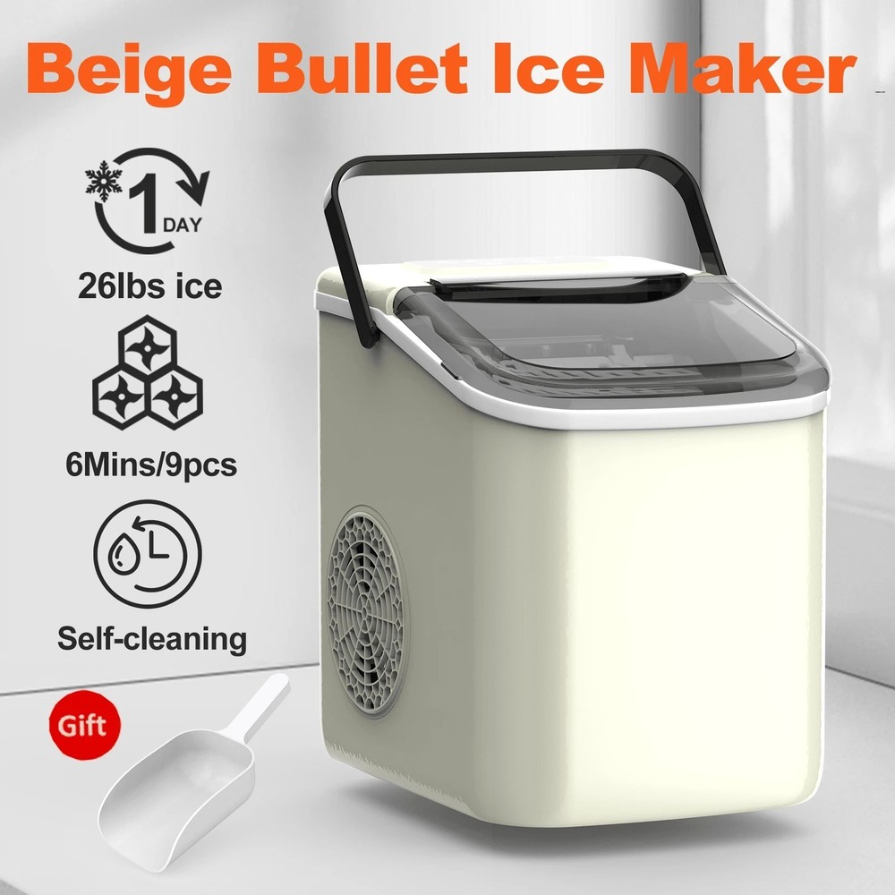 Portable Ice Maker Machine with Handle 26lbs/24H 9 Cubes in 6 Mins Auto-Clean