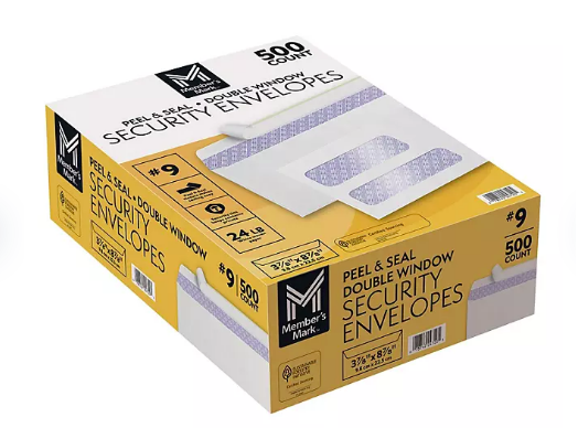 Member's Mark Security Envelope #9, Peel & Seal Double Window ~ 500 Counts