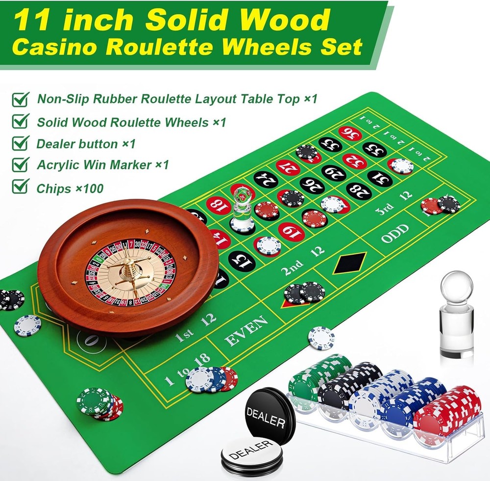 Roulette Wheel Game Set Include 11'' Solid Wood 35" x 16"...