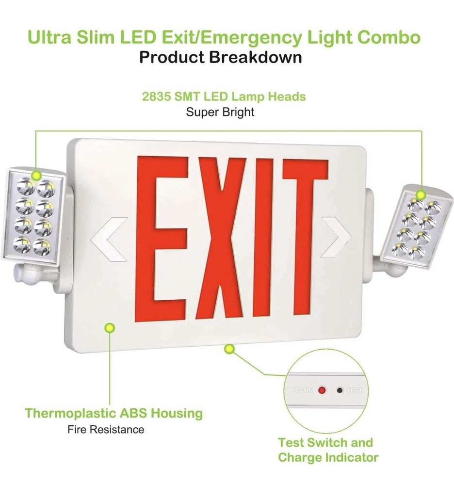 4 Pack LED Exit Sign Emergency Combo Light with Adjustable Two Head Battery