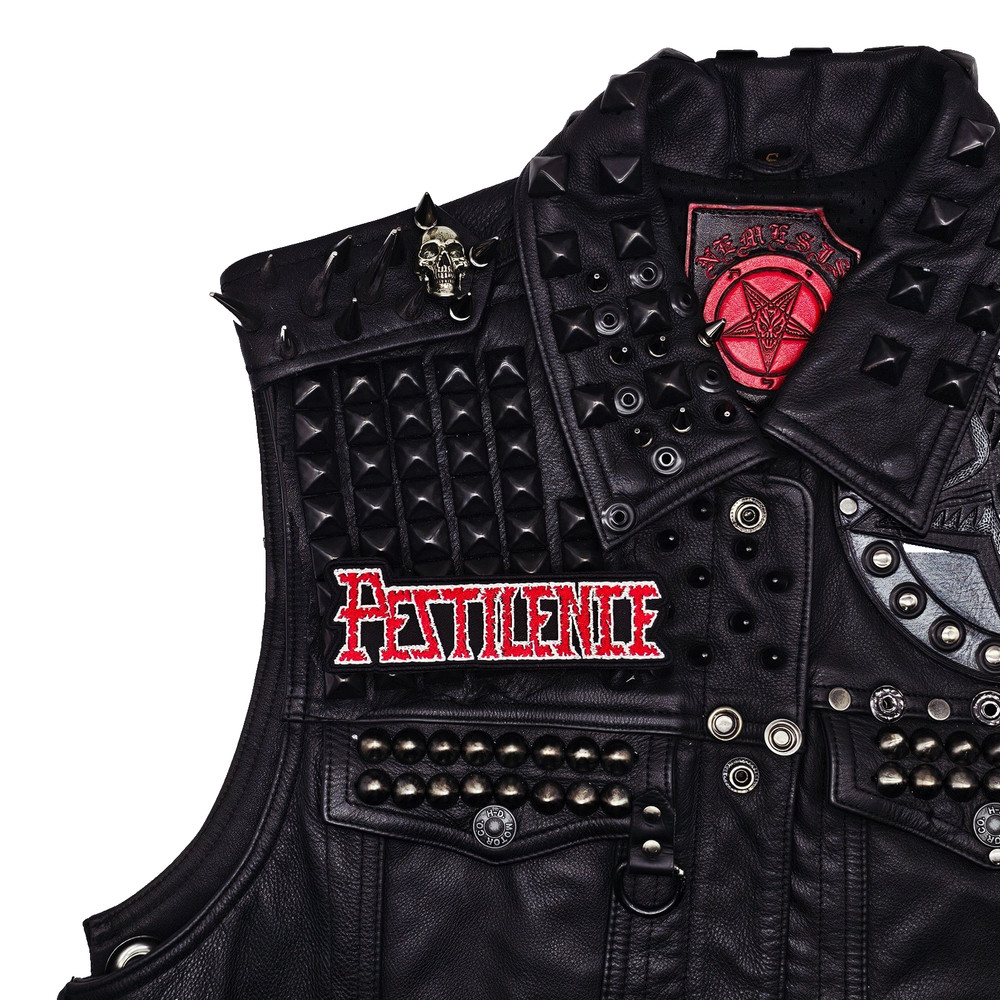 PESTILENCE RED AND WHITE LOGO (shaped border) EMBROIDERED PATCH