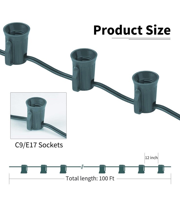C9 Light Strand Set 100 FT EACH For E17 Socket- Green String Light