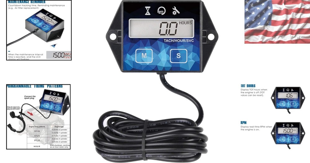 Digital Hour Meter & Tachometer - Waterproof, Battery Replaceable Engine Timer