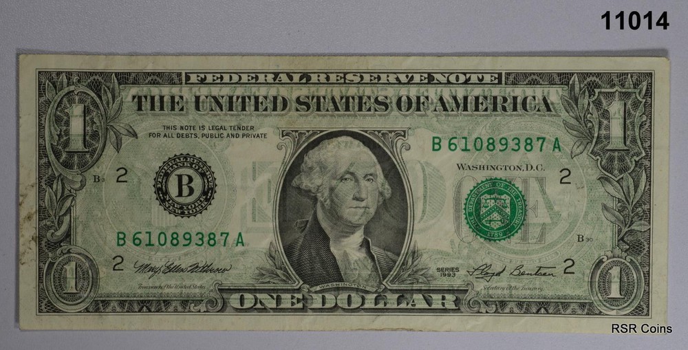 1993 $1 FEDERAL RESERVE NOTE OFFSET REVERSE ON FRONT NICE! #11014