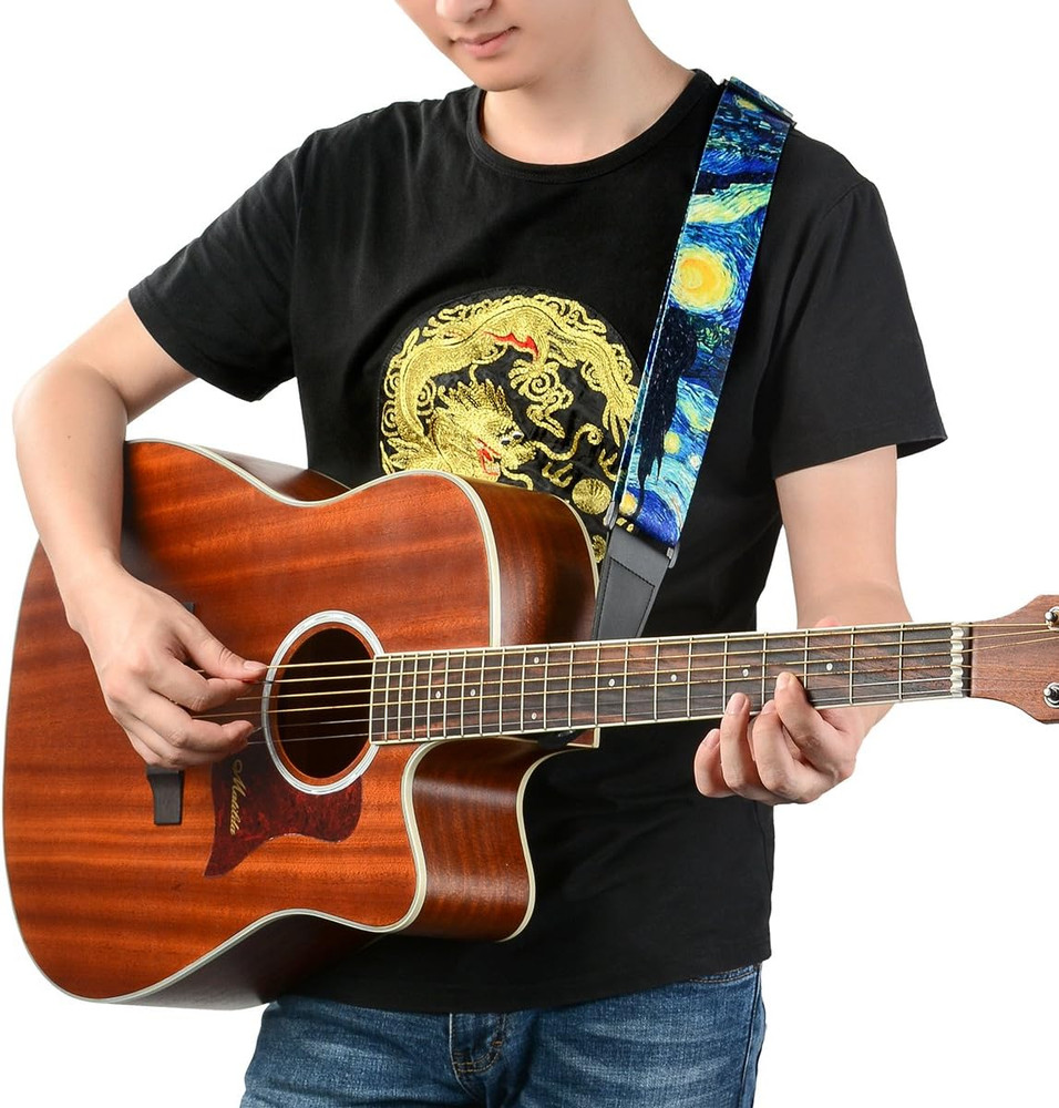 Van Gogh Starry Night Guitar Strap Includes Strap Button & 2 Strap Locks, Adjust