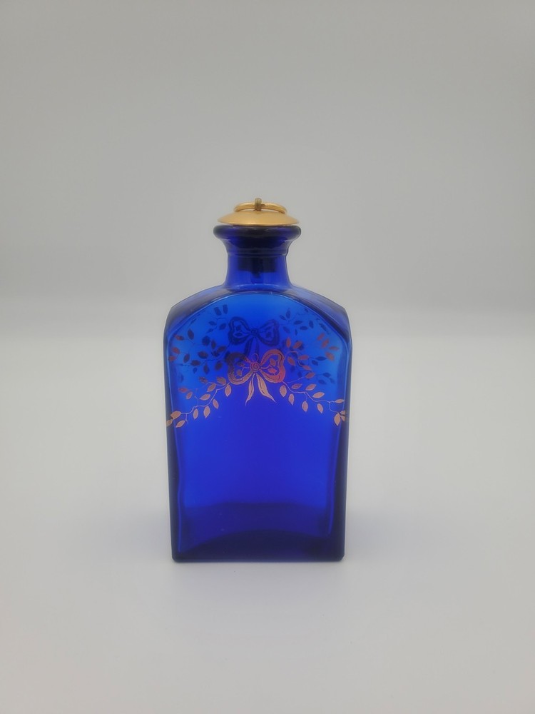 Blue Bow Leaf Design Cobalt Blue Empty Bottle With Gold Cork Top