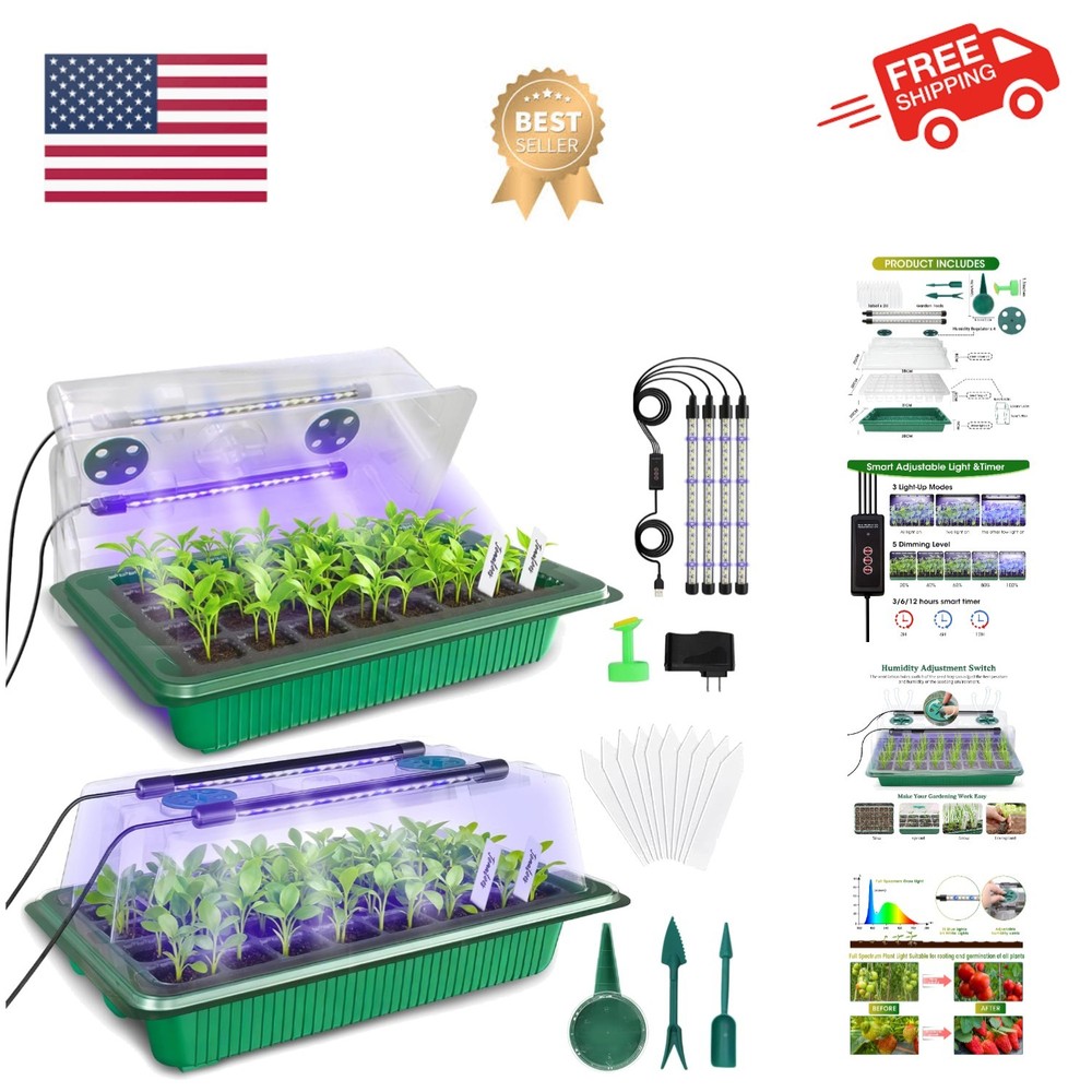 80-Cell Seed Starter Tray with Grow Light, 2-Pack Adjustable Brightness Seed ...