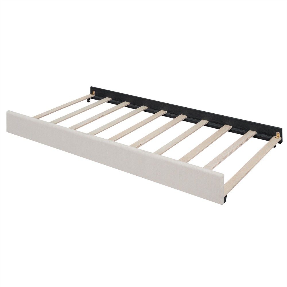 Full Size Daybed w/ Pull-Out Trundle Bed Upholstered Bed Frame Sofa Bed Beige US