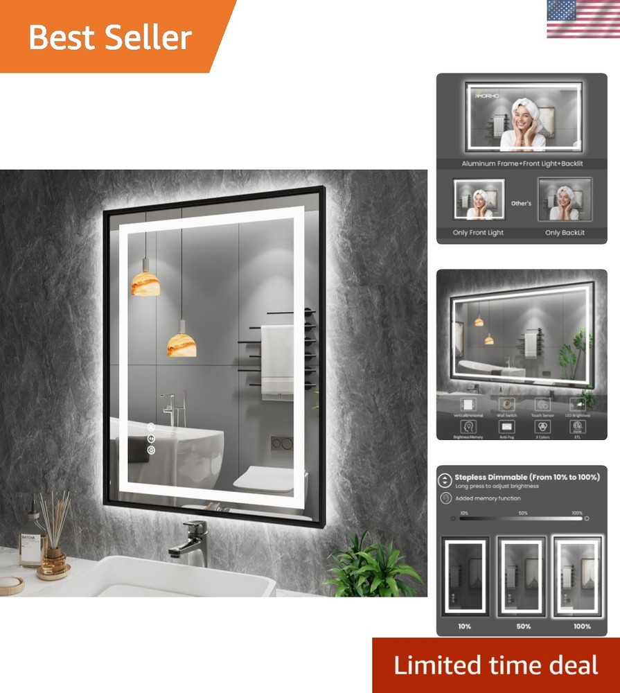 24"x 32" LED Bathroom Mirror with Black Frame, Front Light and Backlit, Stepl...