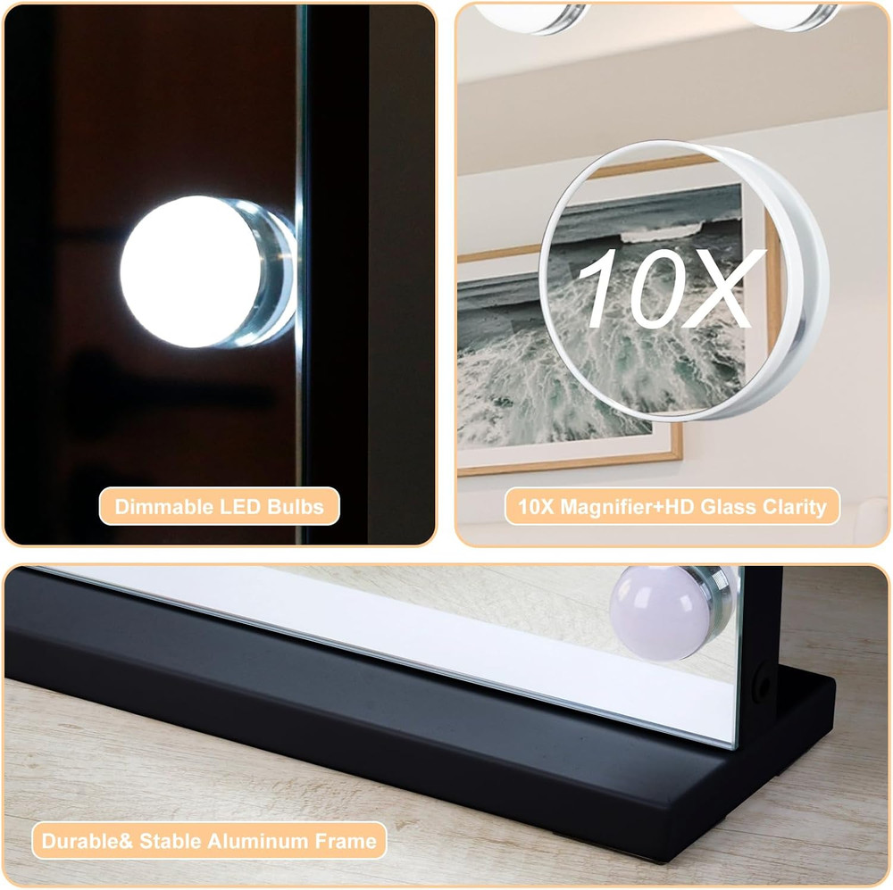 Black Hollywood Lighted Makeup Mirror with 15 Dimmable Bulbs