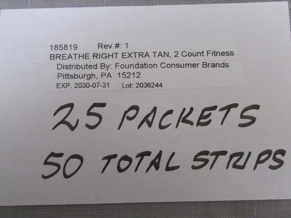 25 Breathe Right Sample Packs 2 Extra Strength Tan Strips Per Pack = 50 Strips