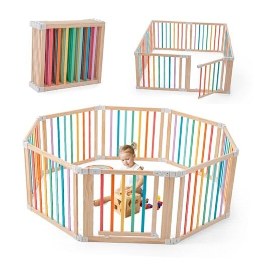 Baby Wooden Playpen, Foldable Shape & Size Adjustable 8 Panel Multicolor