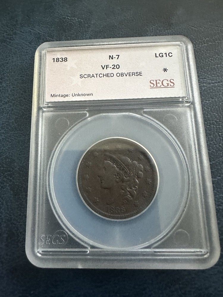 1838 large cent SEGS VF-20